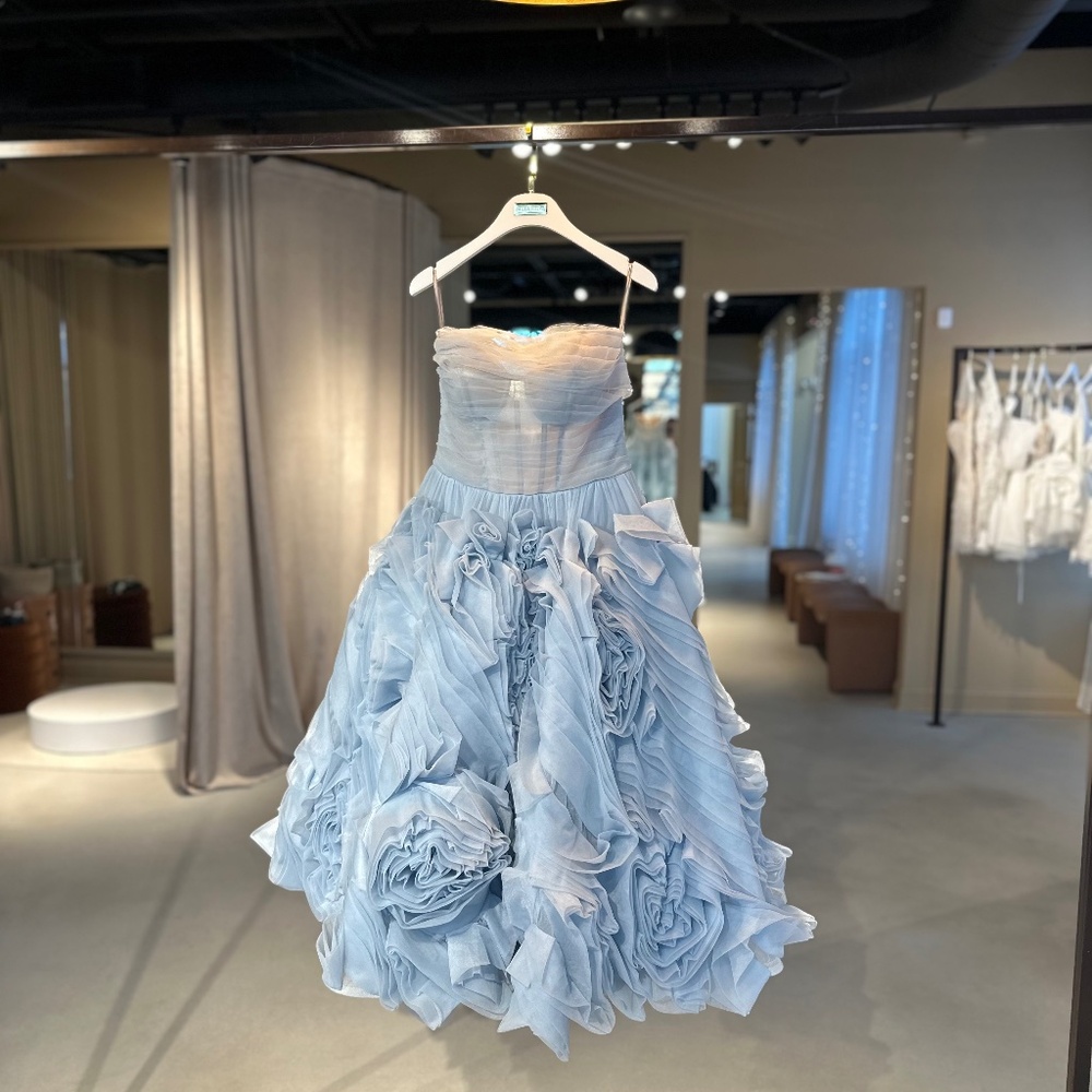 Strapless Light Blue Ruffled Midi Dress